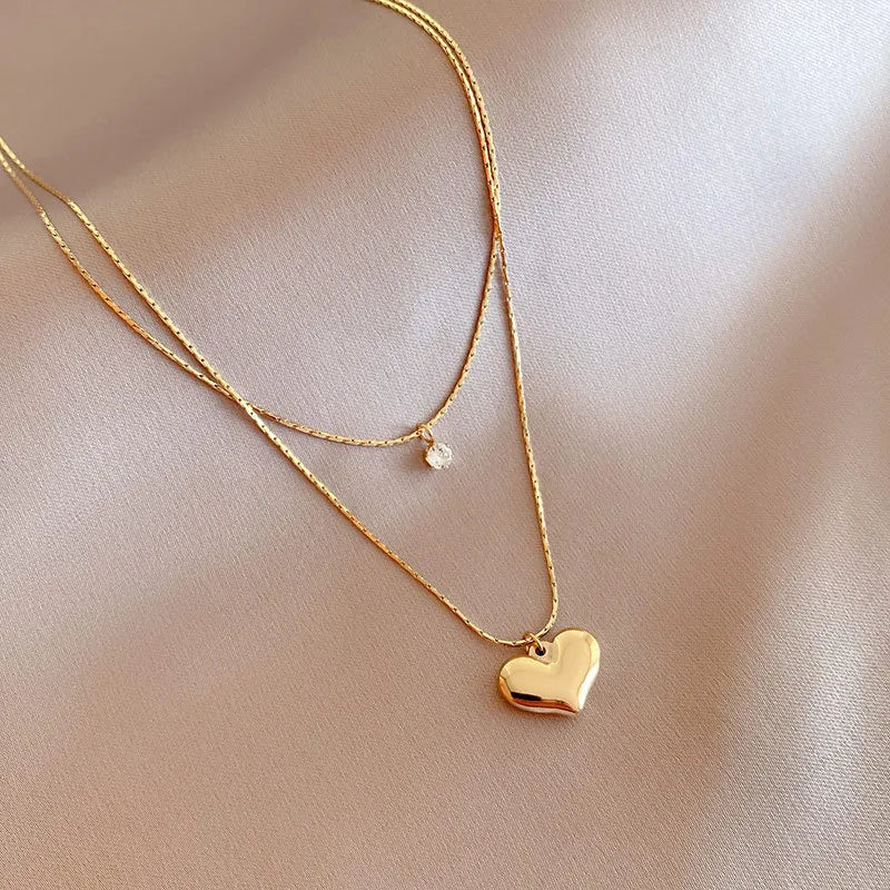 Collar Doble Delgado Corazón Acero Inoxidable