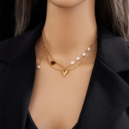 Collar Perlas Corazón Acero Inoxidable Chapados en oro