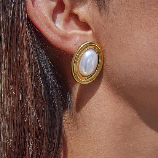 Aretes Ovalados Perla Acero Inoxidable