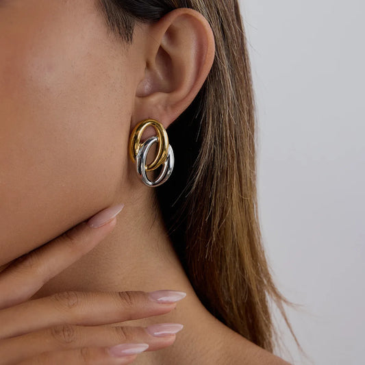 Aretes Ovalado Bicolor Acero Inoxidable