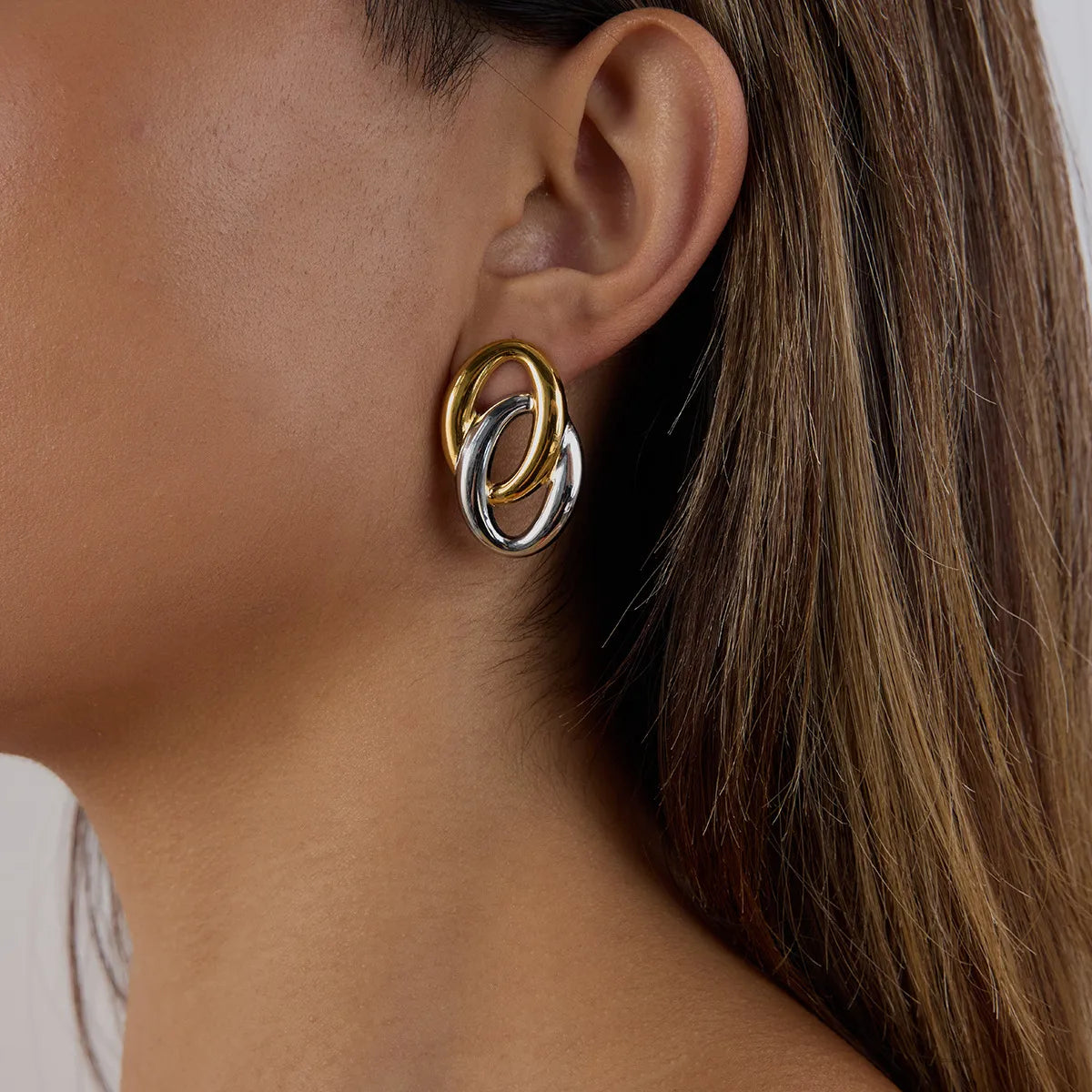 Aretes Ovalado Bicolor Acero Inoxidable