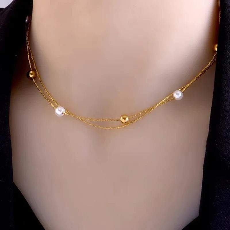 Collar Doble Perlas Acero Inoxidable