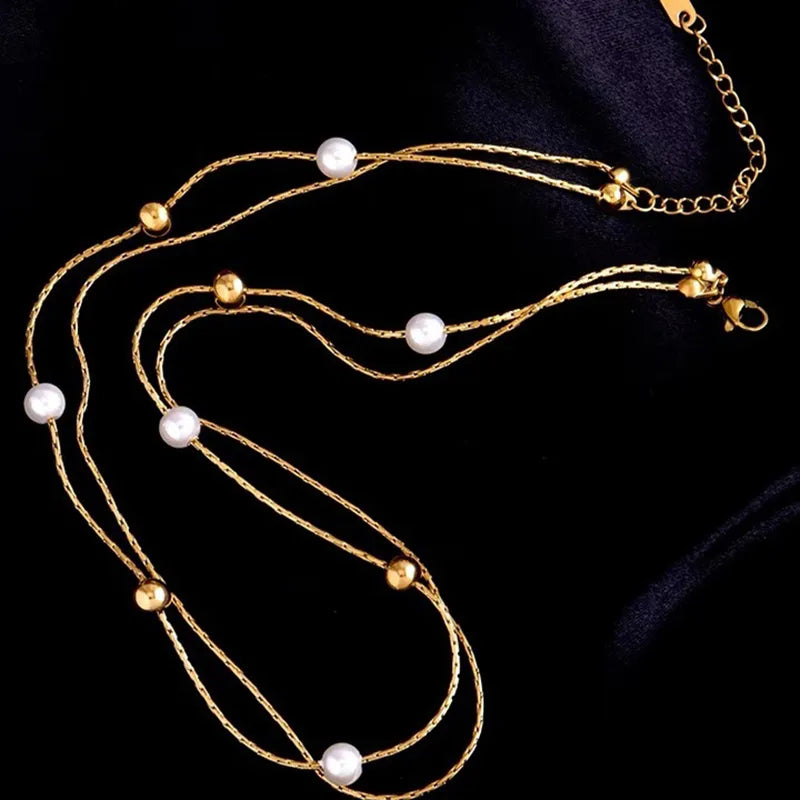 Collar Doble Perlas Acero Inoxidable