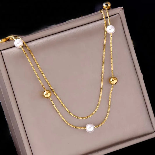 Collar Doble Perlas Acero Inoxidable
