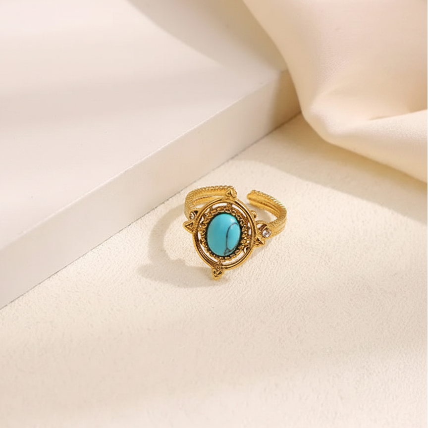 Anillo Abierto Piedra Turquesa Acero Titanio