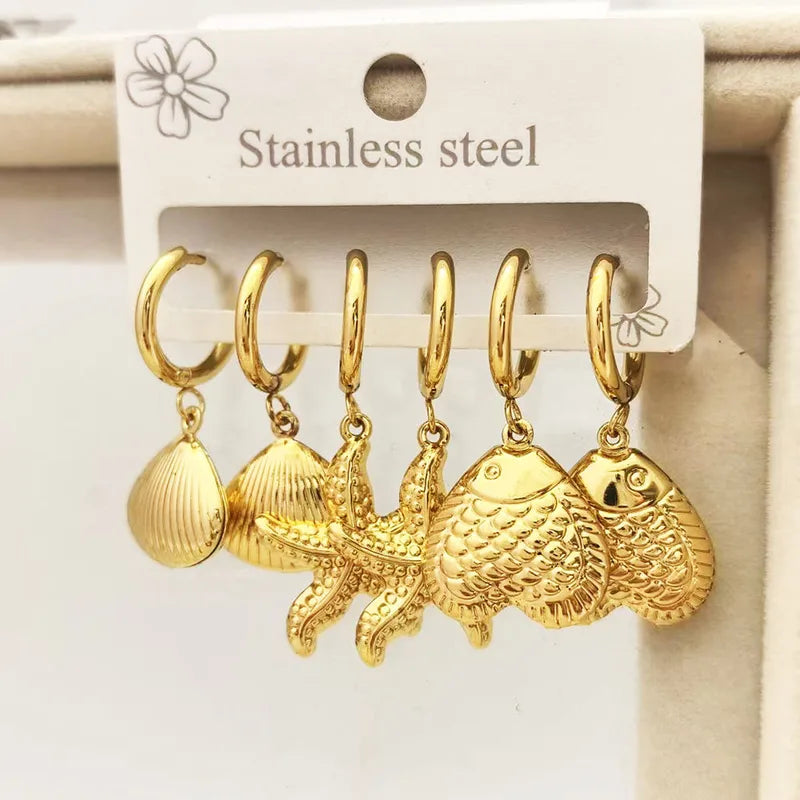 Juego Aretes Estrella Mar Concha Pez Acero Inoxidable