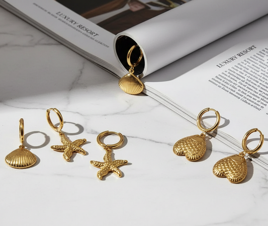 Juego Aretes Estrella Mar Concha Pez Acero Inoxidable