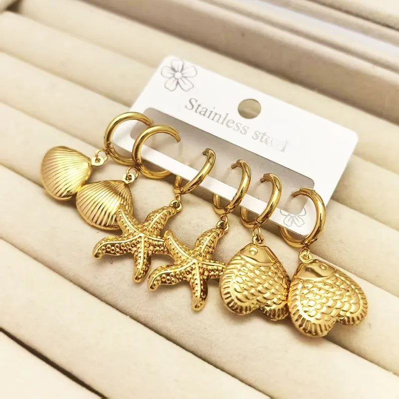 Juego Aretes Estrella Mar Concha Pez Acero Inoxidable