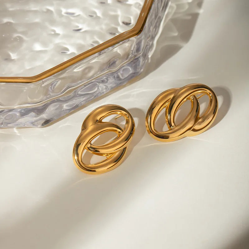 Aretes Doble Ovalo Dorado Acero Inoxidable