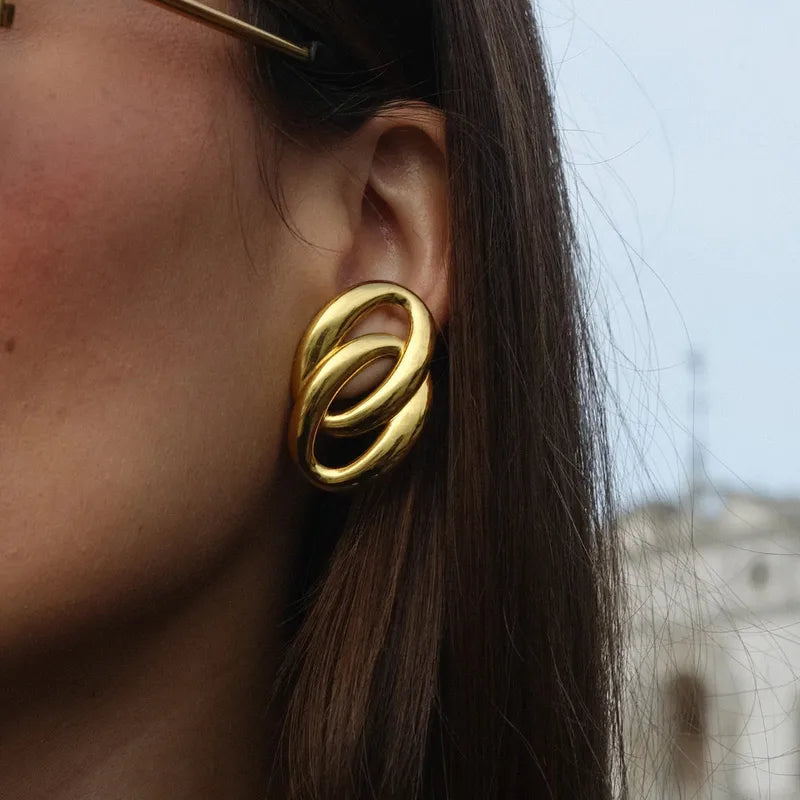 Aretes Doble Ovalo Dorado Acero Inoxidable