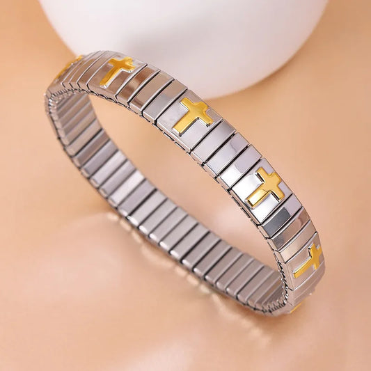 Pulsera Bicolor Elástica Cruz Acero Inoxidable