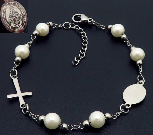 Pulsera Virgen Cruz Perlas Acero Inoxidable