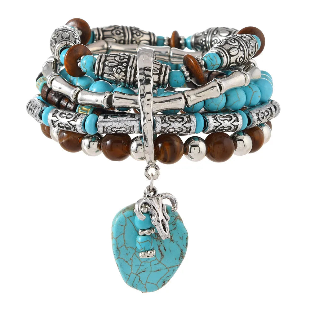 Pulsera Múltiple Turquesa Café Aleación