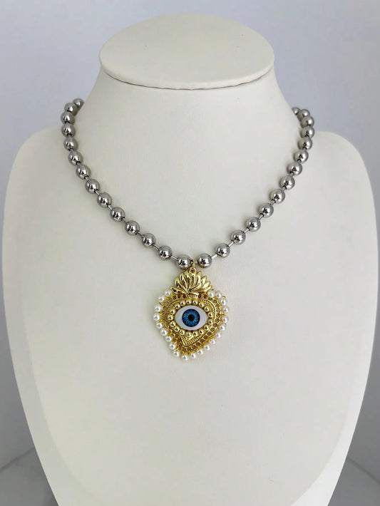 Collar Bolas Corazón Ojo Chapados en oro
