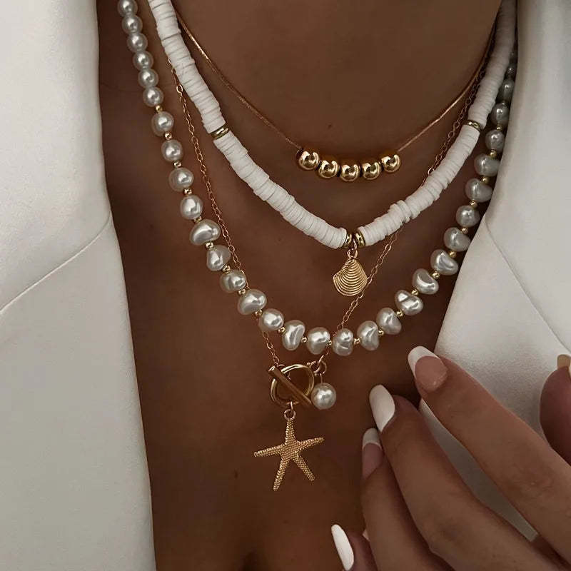 Set Collares Estrella Mar Cascarón Aleación Arcilla