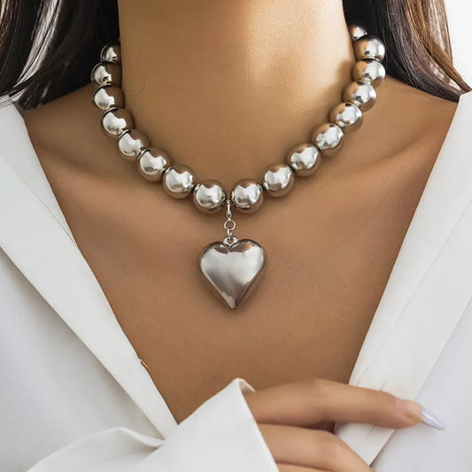 Collar Bolas Corazón Aleación Plateado