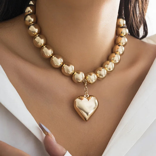 Collar Bolas Corazón Aleación Dorado