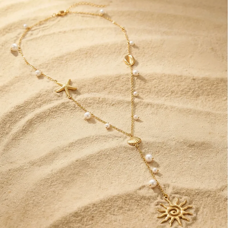 Collar Largo Estrella Sol Concha Acero Inoxidable