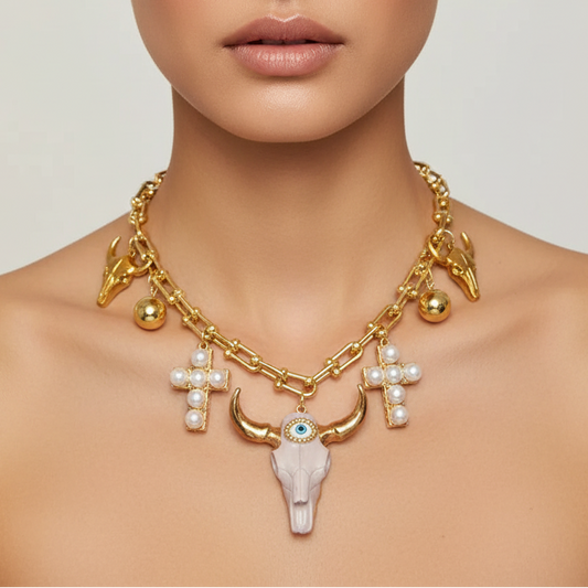 Collar Cabeza Toro Ojo Perlas Cobre