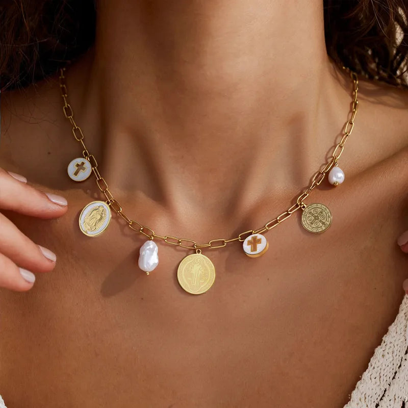 Collar San Benito Virgen Maria Acero Inoxidable