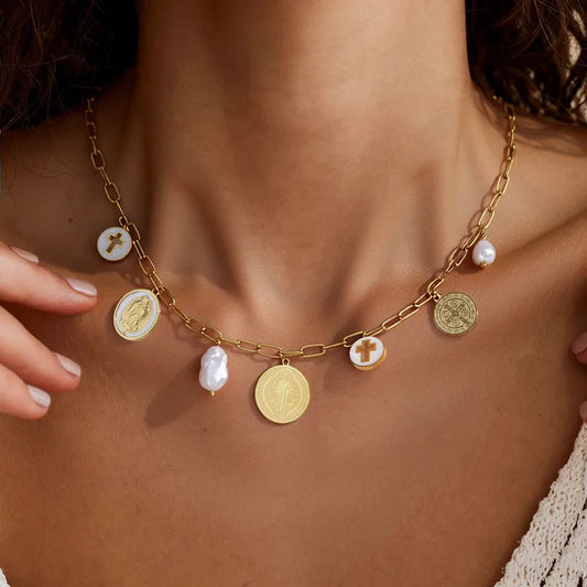 Collar San Benito Virgen Maria Acero Inoxidable