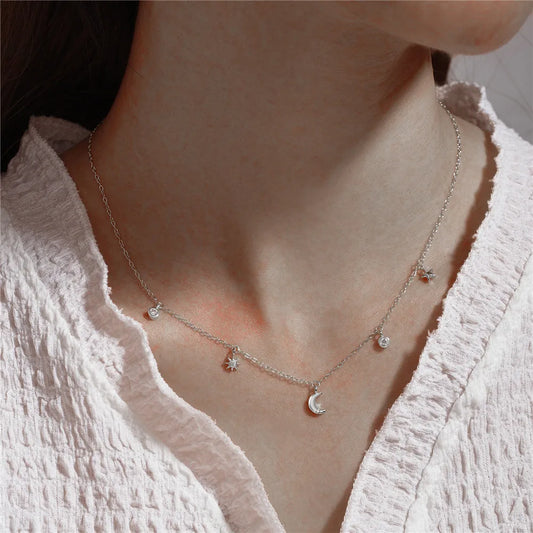 Collar Delicado Luna Estrella Plata Esterlina