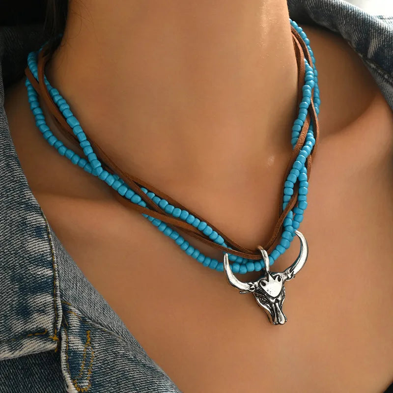 Collar Tejido Cabeza Toro Acrílico Aleación