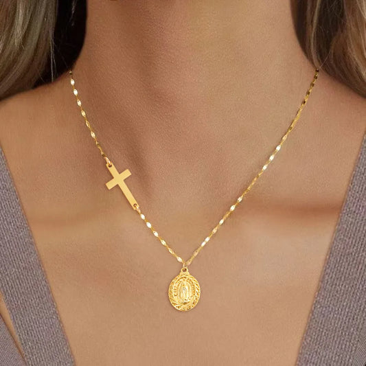 Collar Cruz Virgen María Acero Inoxidable