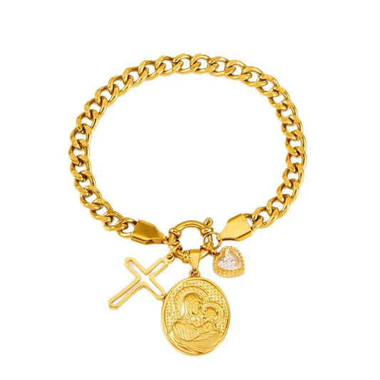 Pulsera Virgen Cruz Corazón Acero Inoxidable