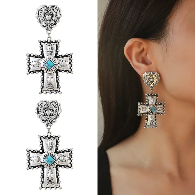 Aretes Cruz Corazón Turquesa Aleación