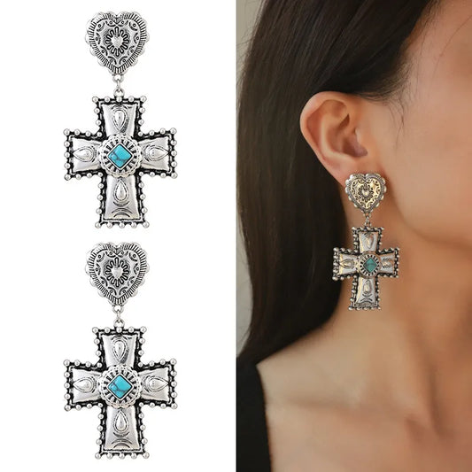 Aretes Cruz Corazón Turquesa Aleación