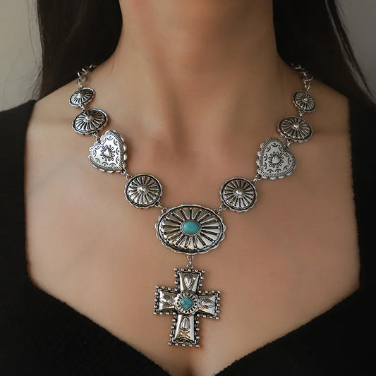 Collar Cruz Corazón Turquesa Aleación