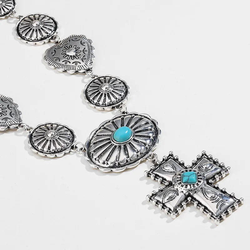 Collar Cruz Corazón Turquesa Aleación