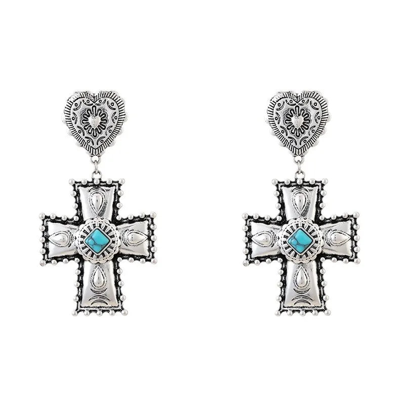 Aretes Cruz Corazón Turquesa Aleación
