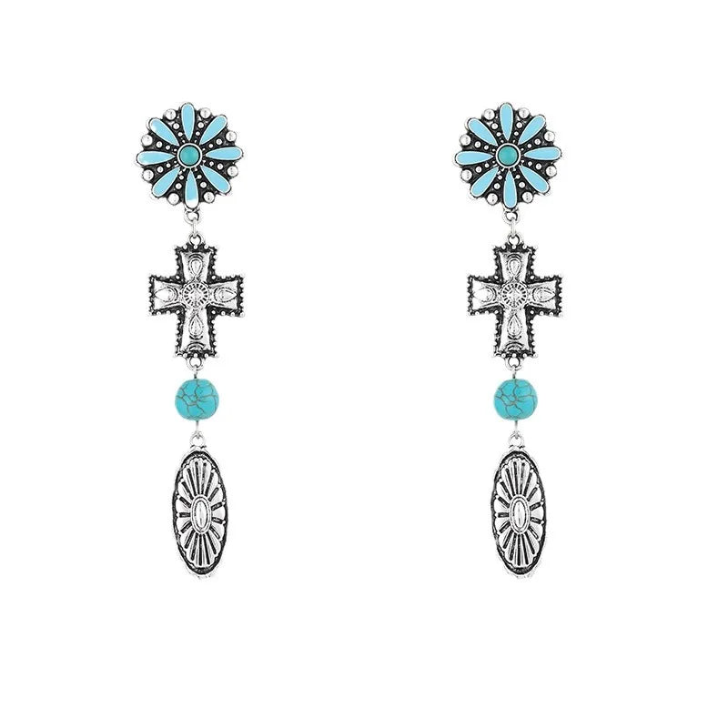 Aretes Cruza Flor Turquesa Aleación