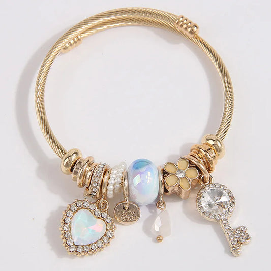 Pulsera Corazón Llave Flor Aleación