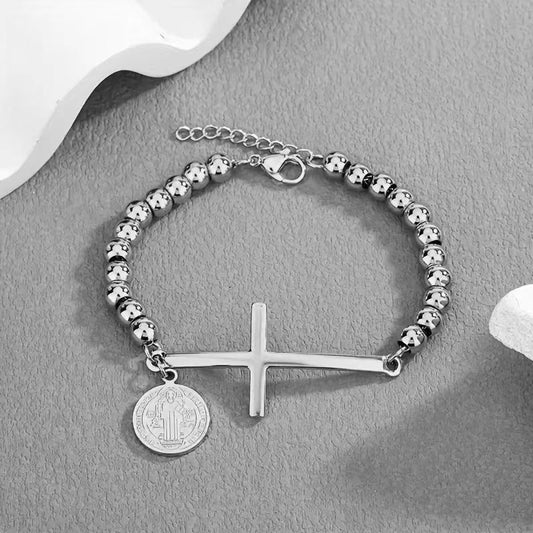 Pulsera Vintage Cruz Bolitas Acero Inoxidable