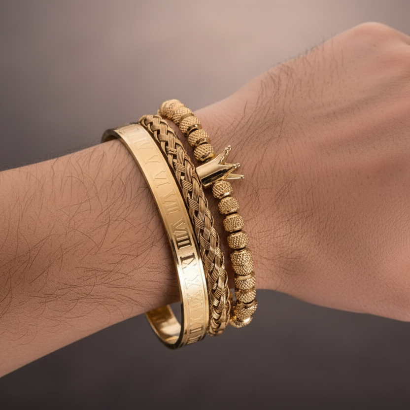 Set Pulseras Doradas Corona Acero Inoxidable