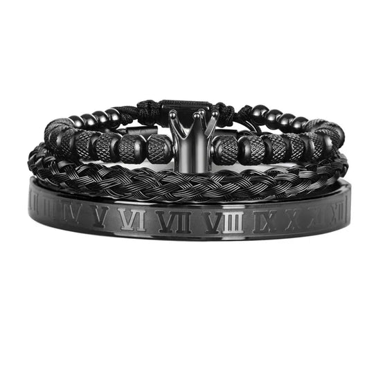Set Pulseras Negras Corona Acero Inoxidable