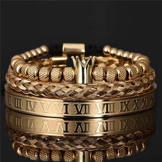 Set Pulseras Doradas Corona Acero Inoxidable