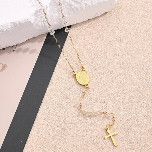 Collar Rosario Virgen Cruz Acero Inoxidable