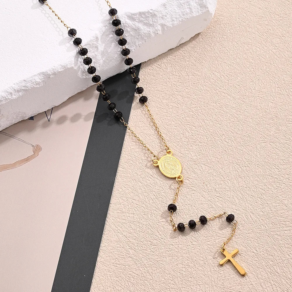 Collar Rosario Virgen Cruz Acero Inoxidable