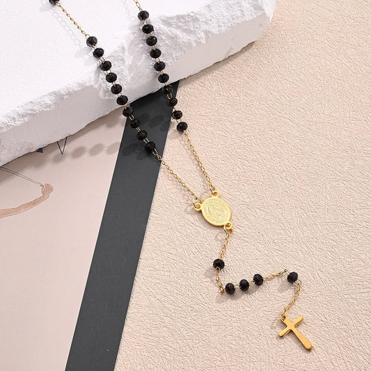 Collar Rosario Virgen Cruz Acero Inoxidable