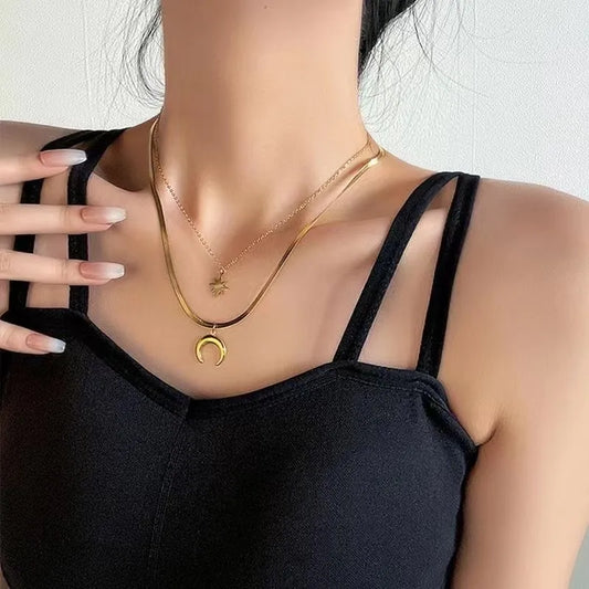 Collar Doble Luna Estrella Acero Titanio