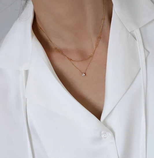 Collar Doble Delicado Circón Acero Inoxidable
