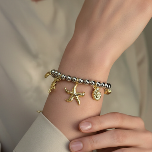 Pulsera Estrella De Mar Concha Cobre Chapados En Oro