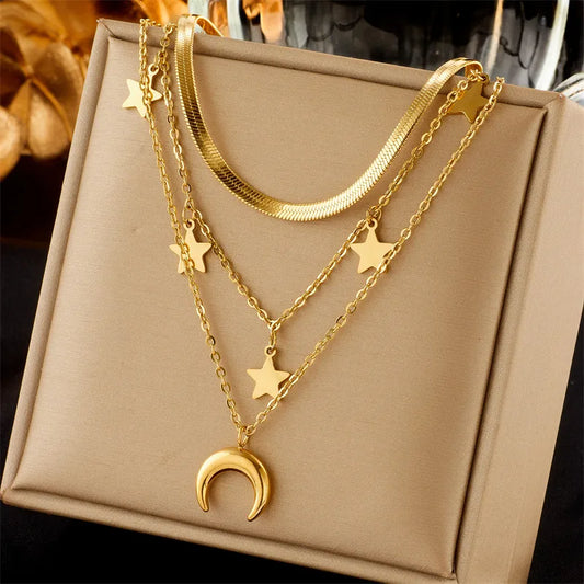 Collar Triple Estrellas Luna Acero Titanio