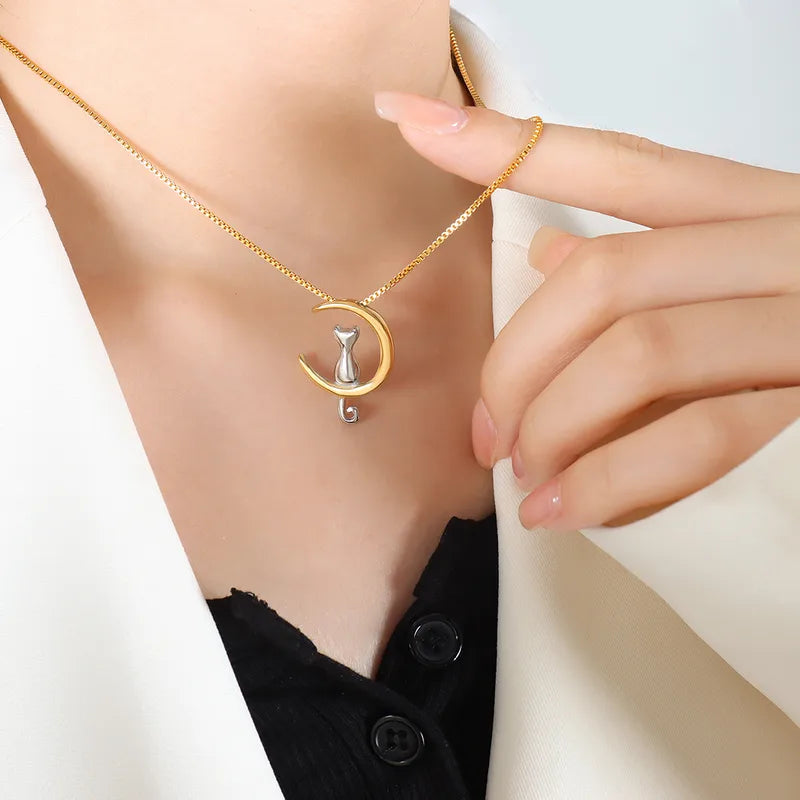 Collar Gato Luna Acero Titanio Chapados en oro