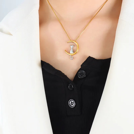 Collar Gato Luna Acero Titanio Chapados en oro