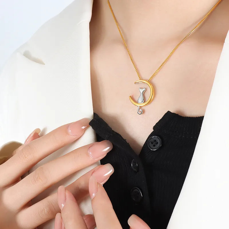 Collar Gato Luna Acero Titanio Chapados en oro